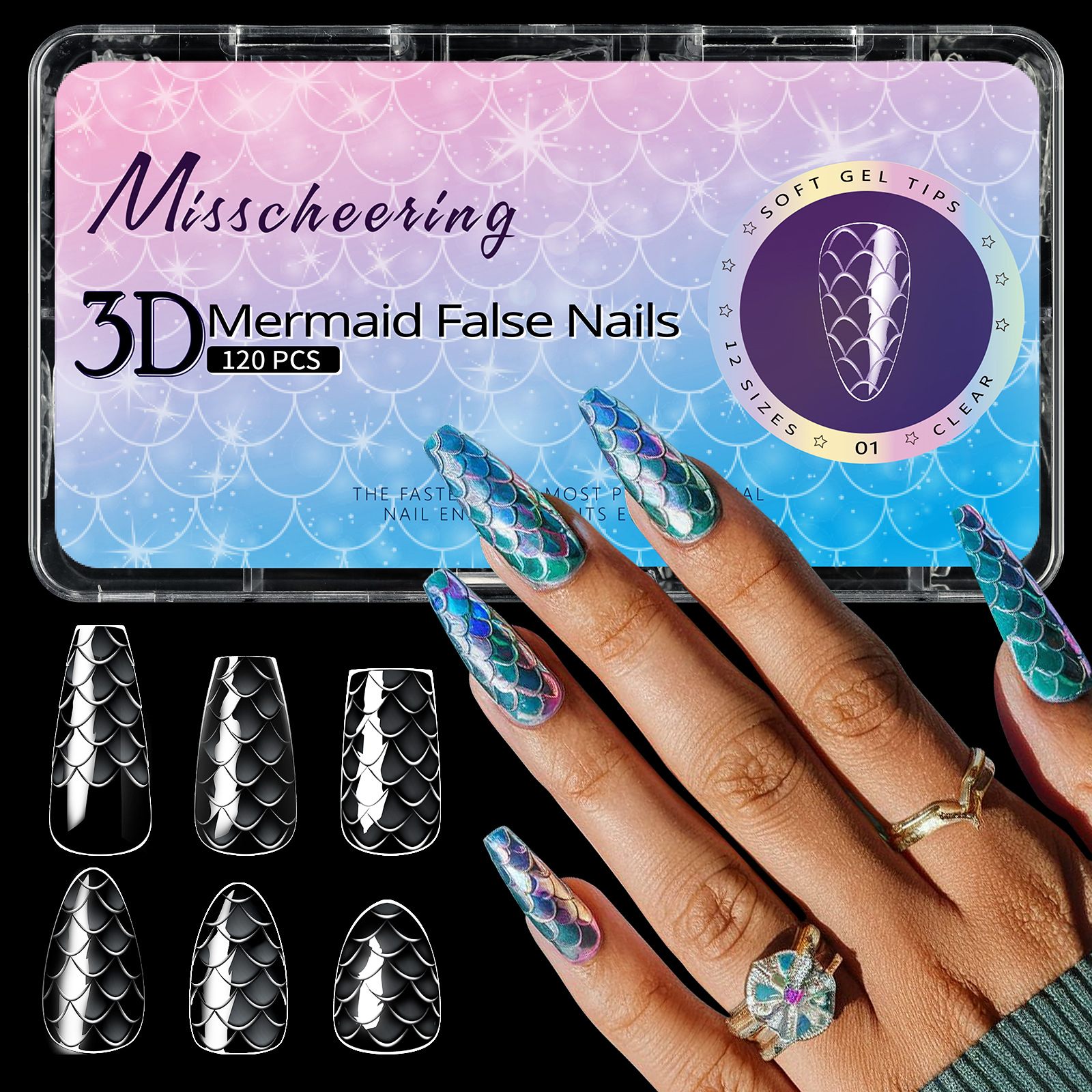 3D Fish-scale Almond Coffin Nail Tips